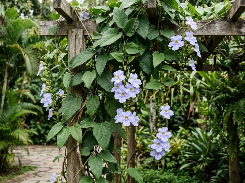 Flores azul-lilás e folhas verdes da tumbérgia azul