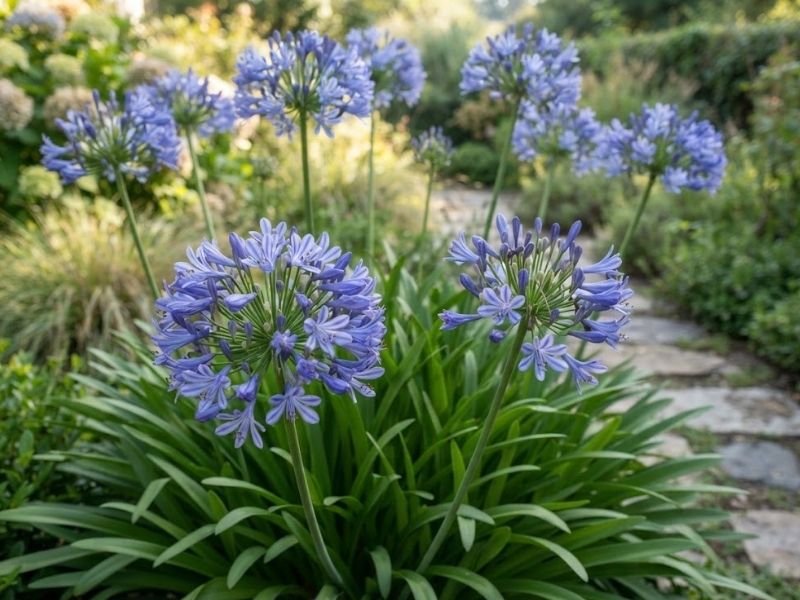 Touceira de agapanto com folhas arqueadas e flores azul-lilás