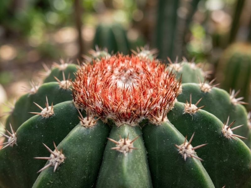 Pequeno cefálio vermelho crescendo no topo do cacto cabeça de frade
