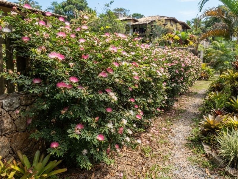 Cerca-viva informal formada por caliandras rosas floridas ao longo do jardim.
