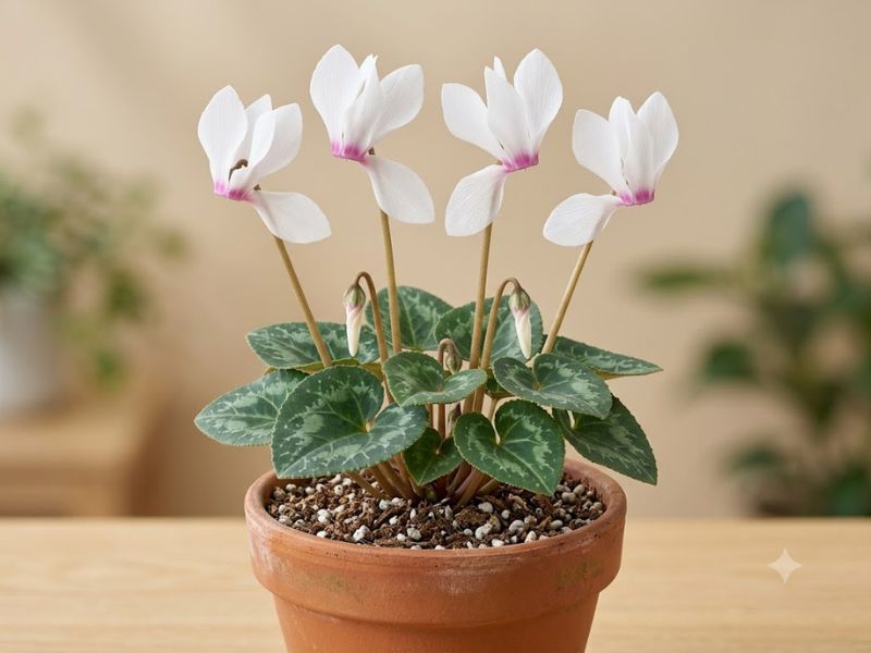 Flor ciclame saudável com folhas verdes, botões novos e flores abertas