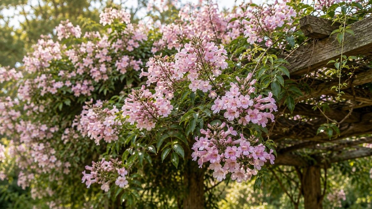 Cipó rosa florido cobrindo uma pérgola de madeira em jardim ensolarado