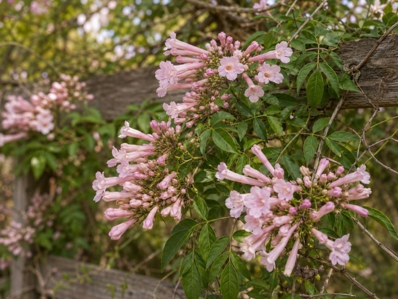 Flores tubulares rosadas, botões e folhas do cipó rosa em detalhe