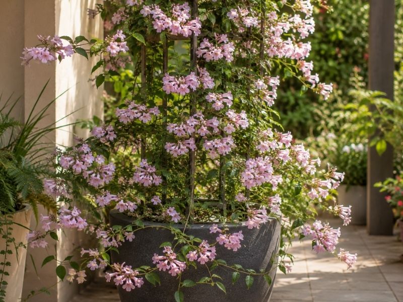 Cipó rosa cultivado em vaso grande com estrutura vertical para sustentar os ramos