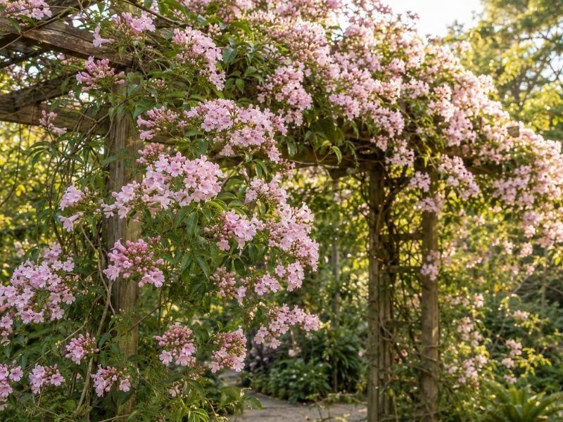 Cipó rosa em plena floração com numerosos cachos rosados sobre pergolado