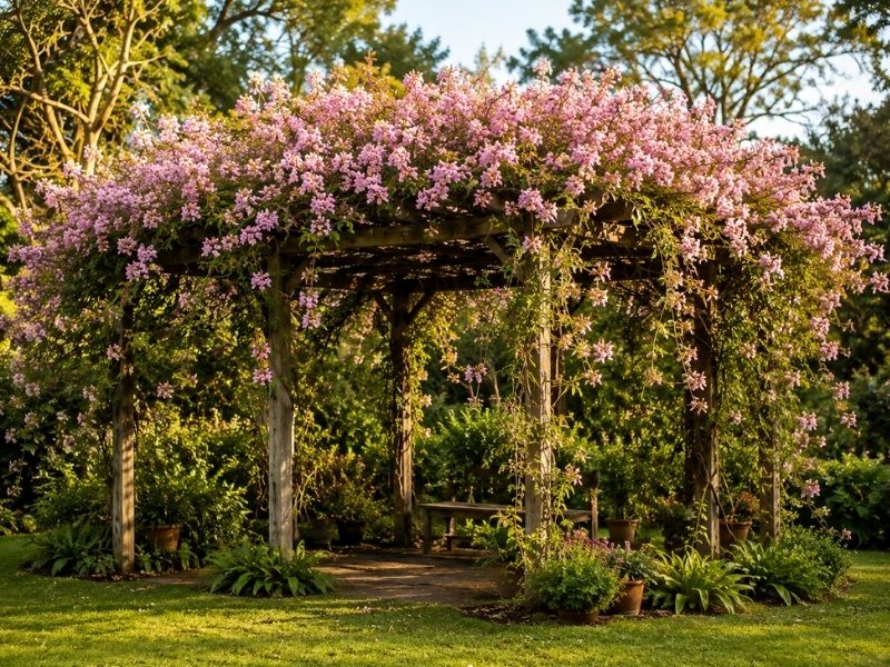 Grande cipó rosa cobrindo um pergolado inteiro com numerosos cachos de flores