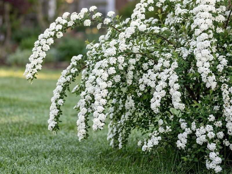 Grinalda de noiva florida em jardim durante uma manhã fresca de primavera