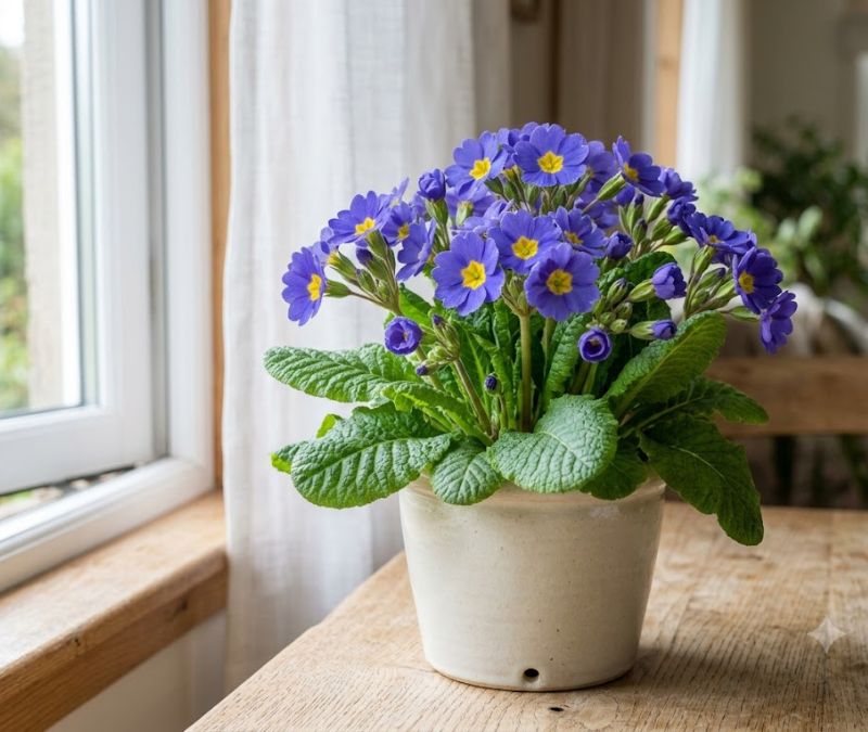 Flor prímula azul-violeta saudável próxima de janela aberta em ambiente fresco
