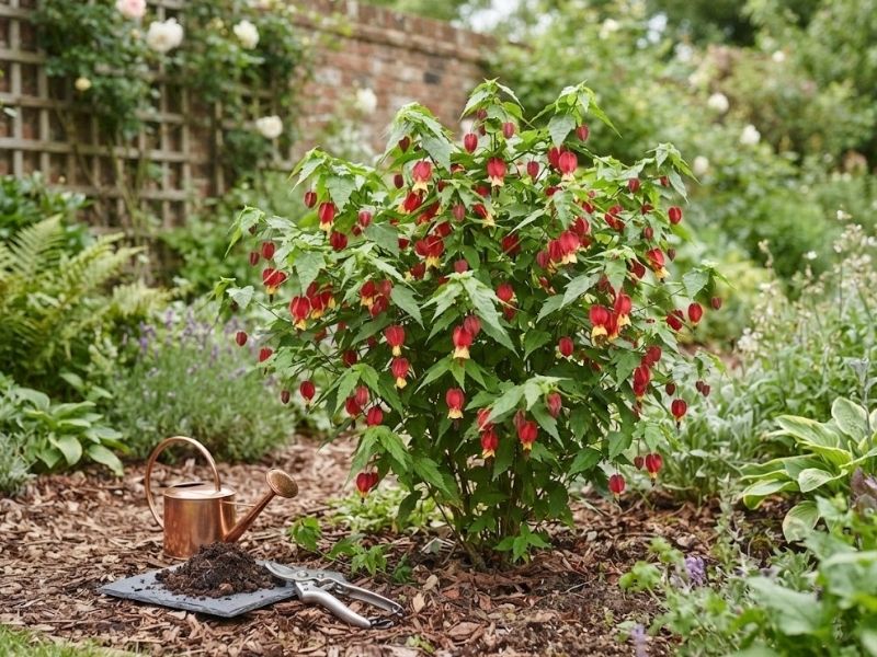 Abutilon megapotamicum saudável ao lado de regador, adubo e tesoura de poda
