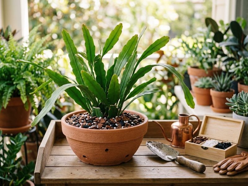 Cacto dama da noite em vaso com substrato leve e materiais de jardinagem