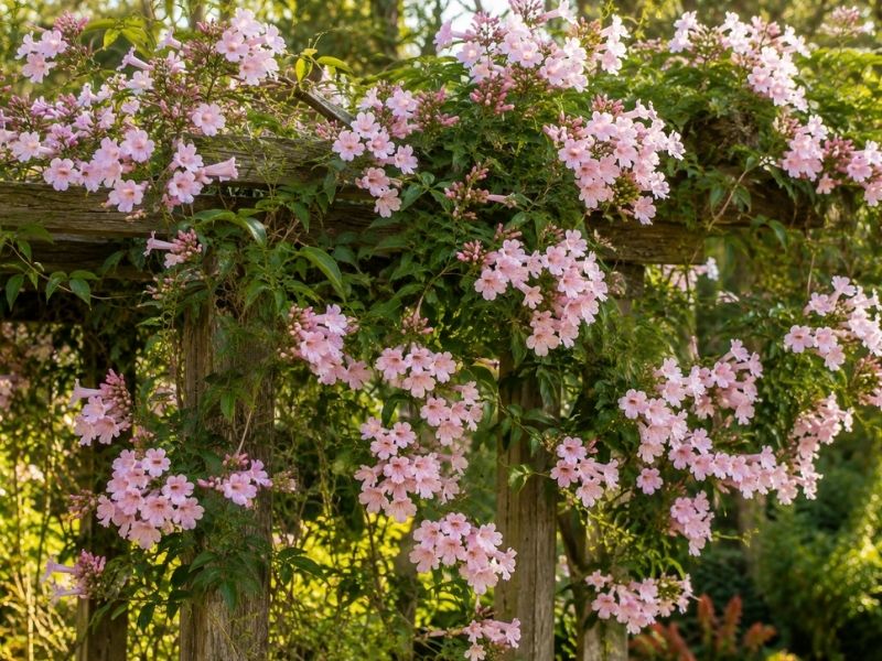 Cipó rosa saudável e muito florido cobrindo um pergolado em área de sol