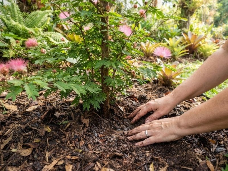 Cuidados com caliandra cultivada em canteiro ensolarado e com solo drenado.