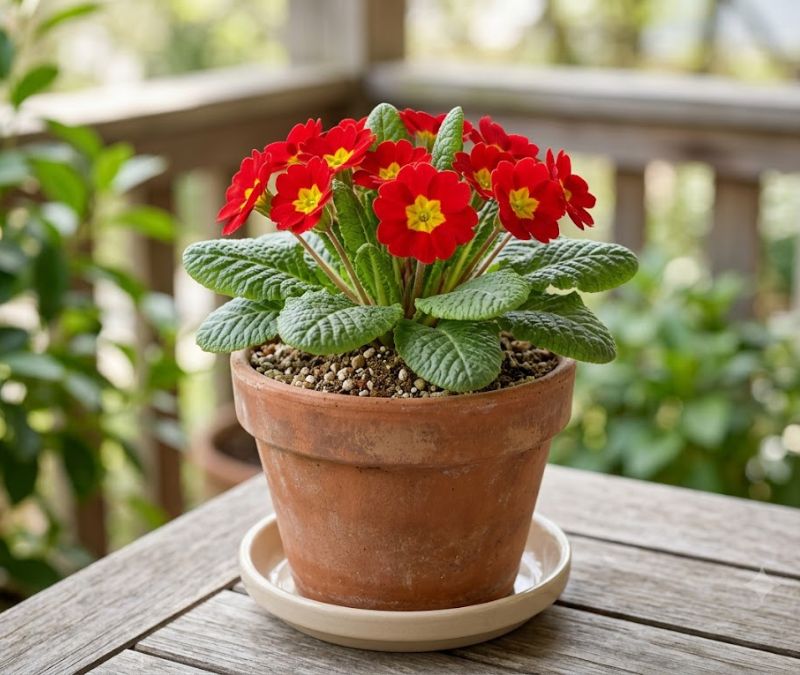 Flor prímula vermelha cultivada em vaso de terracota com boa drenagem