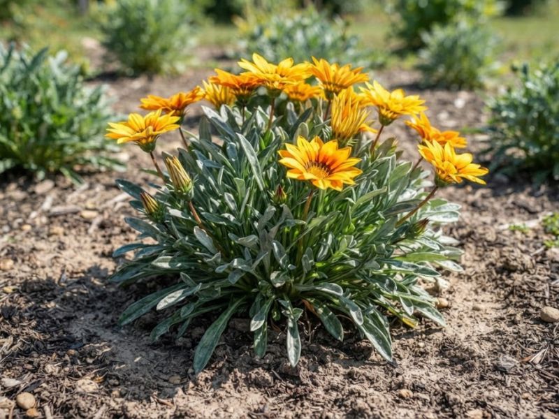 Gazânia saudável com flores abertas em solo leve e bem drenado