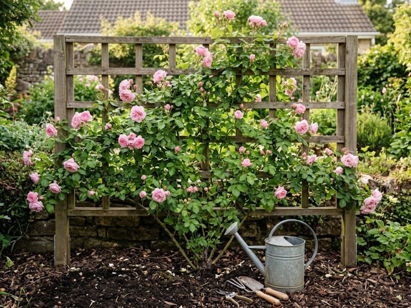 Rosa trepadeira saudável e florida sendo cultivada em treliça no jardim