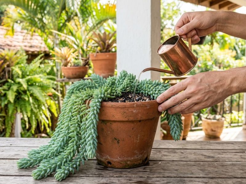 Suculenta rabo de burro saudável cultivada em vaso com substrato drenante