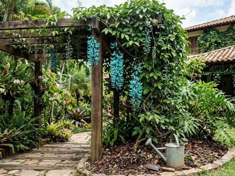 Trepadeira jade saudável crescendo em estrutura de madeira no jardim