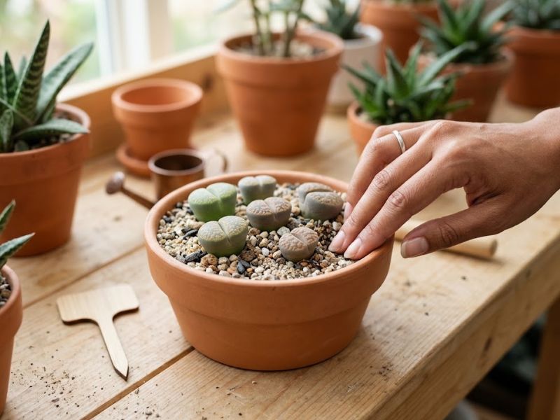 Lithops saudáveis cultivados em vaso com substrato mineral bem drenante