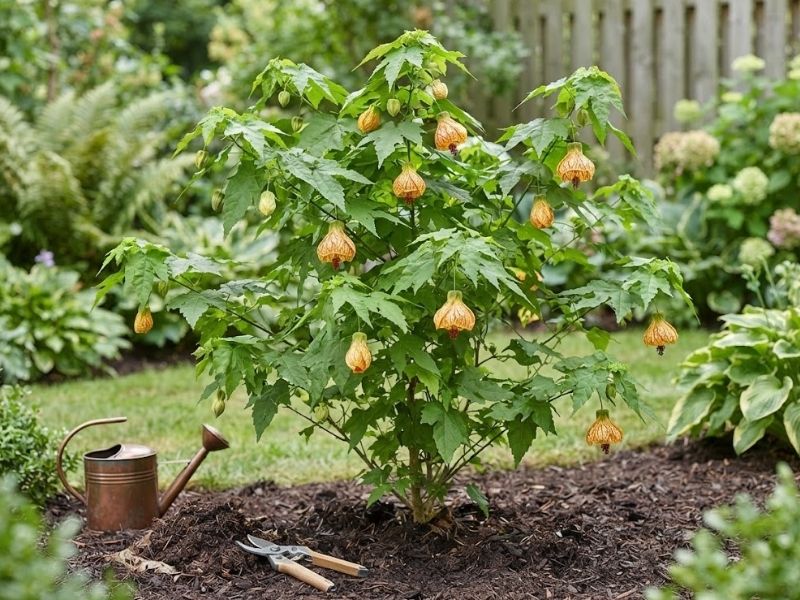 Abutilon pictum saudável ao lado de regador, composto e tesoura de poda