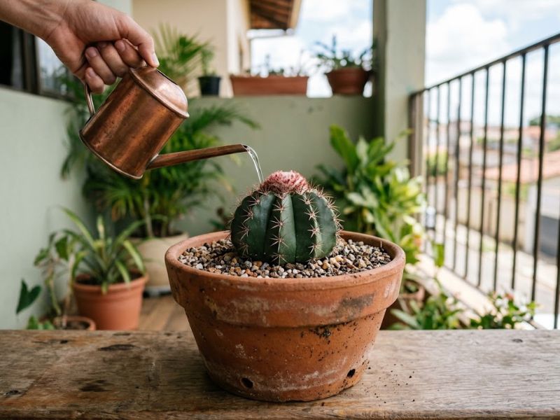 Rega do substrato de um cacto cabeça de frade cultivado em vaso