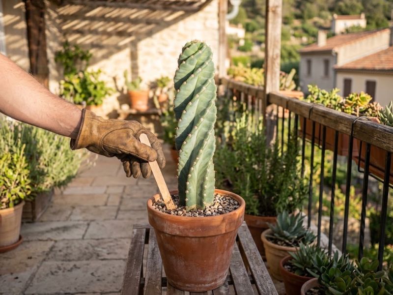 Cacto parafuso saudável cultivado em canteiro seco e drenante