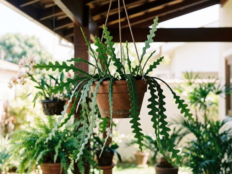 Cacto sianinha saudável cultivado em vaso suspenso em local iluminado