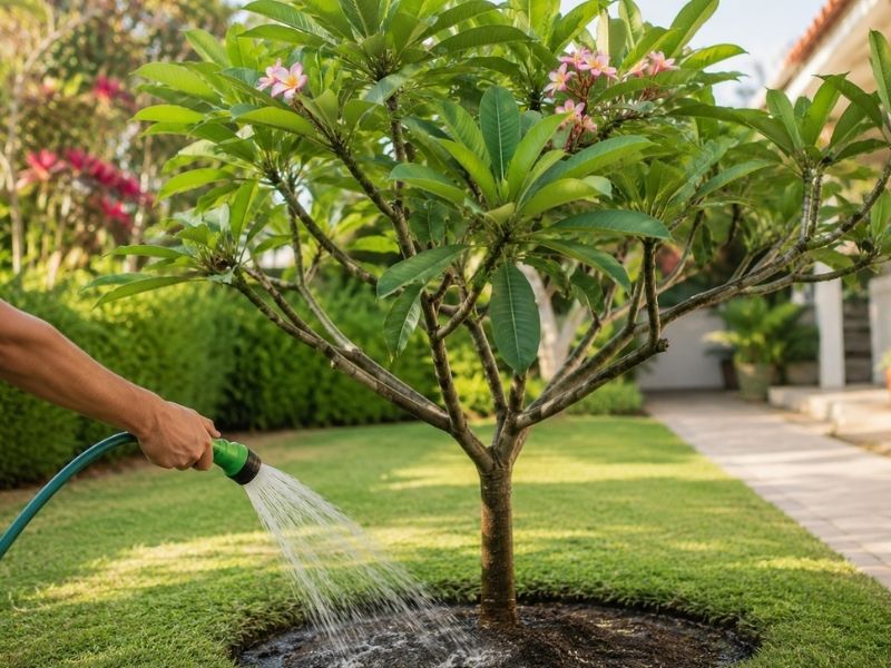 Jasmim manga sendo regado no jardim