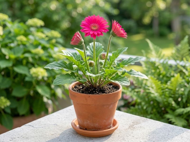 Flor gérbera rosa cultivada em vaso de terracota com substrato drenável e coroa descoberta