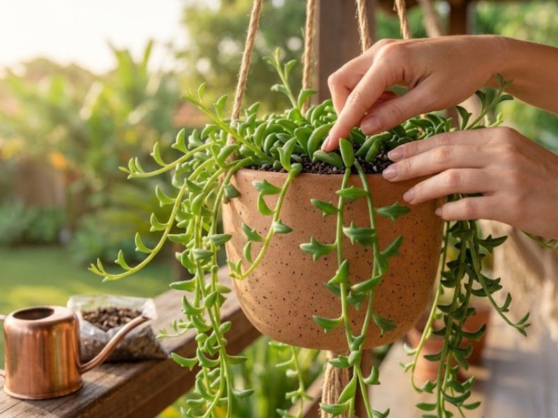 Mãos verificando o substrato de uma suculenta golfinho cultivada em vaso