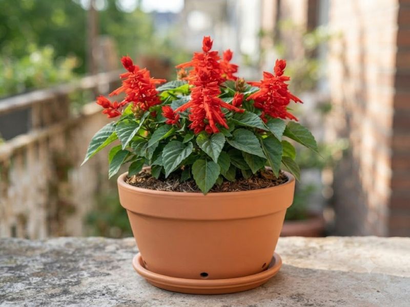 Alegria de jardim vermelha cultivada em vaso sob boa luminosidade