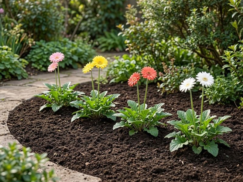 Flores de gérbera plantadas diretamente no jardim com espaço entre as diferentes touceiras