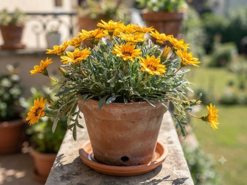 Gazânia florida cultivada em vaso de barro sob sol direto