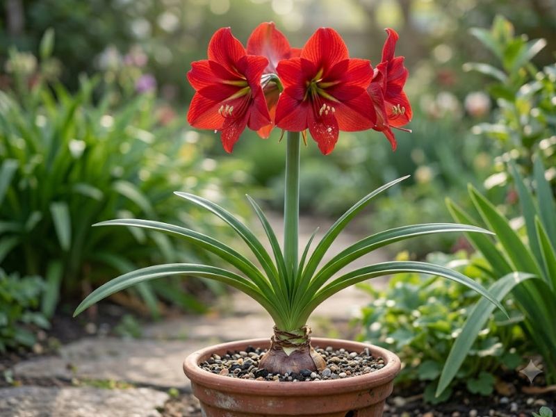 Amarílis vermelha com flores em forma de trombeta e folhas compridas