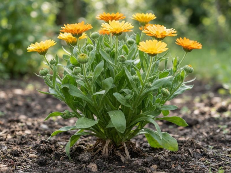 Planta de calêndula com folhas alongadas e flores amarelas e alaranjadas