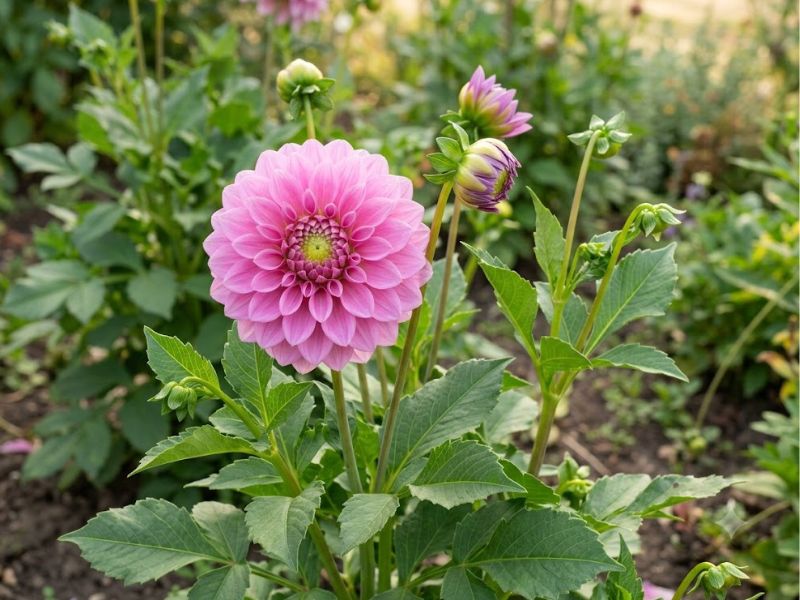 Flor dália rosa com pétalas em camadas, botões e folhas verdes serrilhadas