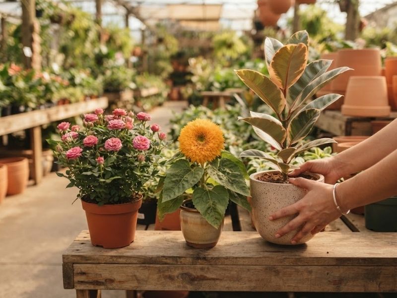 Pessoa escolhendo flores da primavera para vasos, canteiros e arranjos