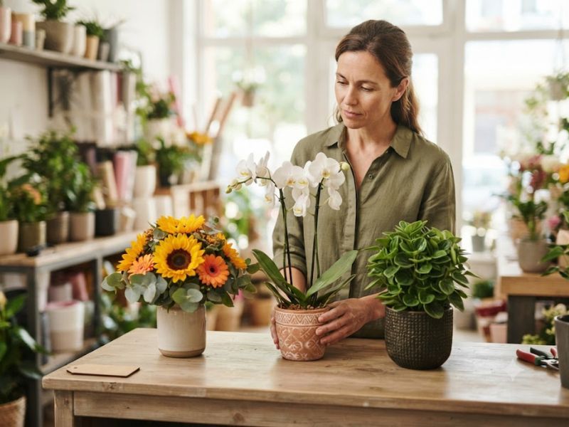Pessoa escolhendo entre girassóis, orquídea e planta em vaso para o Dia dos Pais