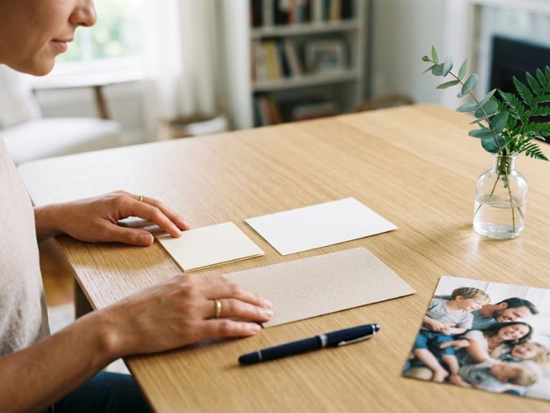 Cartões, envelope, caneta e fotografia familiar para escolher uma mensagem para o pai