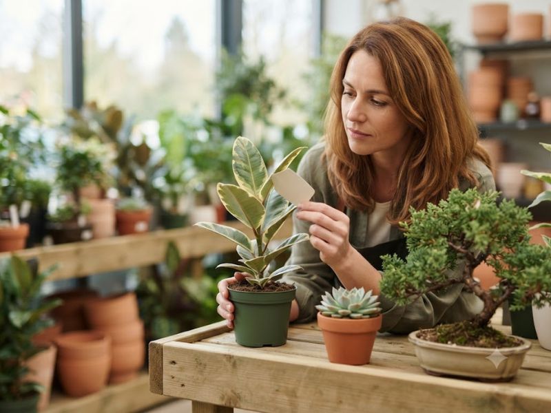 Pessoa escolhendo entre bonsai, suculenta e planta de interior