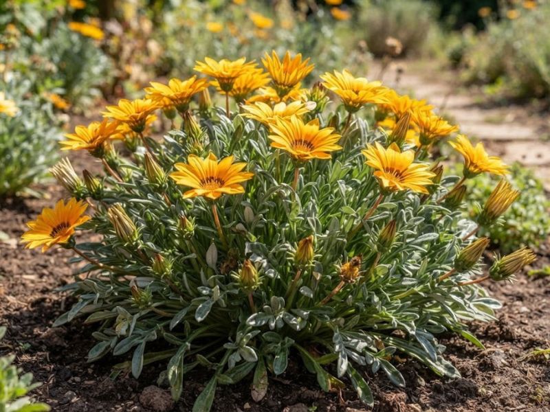 Gazânia com muitos botões e flores abertas durante a floração