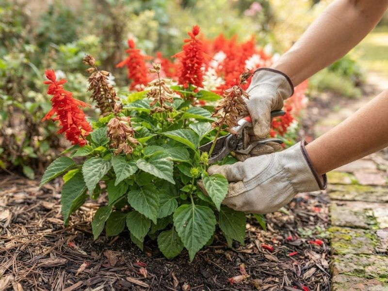 Pessoa cortando flores secas da alegria de jardim com tesoura de poda