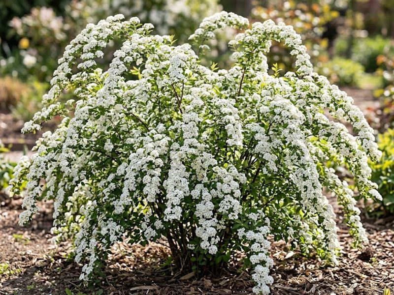 Grinalda de noiva com floração abundante em local ensolarado do jardim