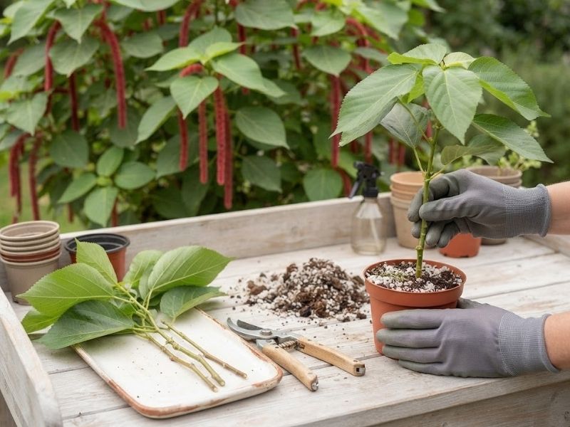 Estacas de acalifa macarrão preparadas para enraizar em pequenos vasos com substrato.