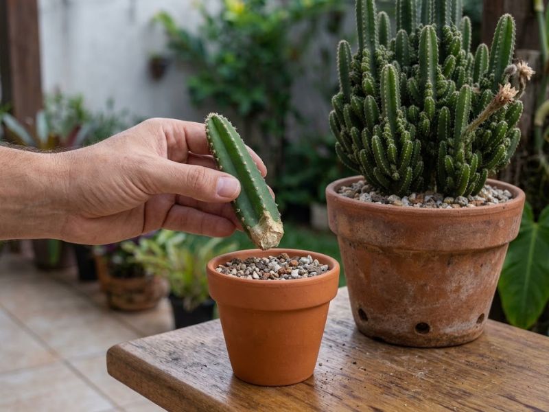 Muda de cacto castelo de fada sendo plantada em vaso pequeno