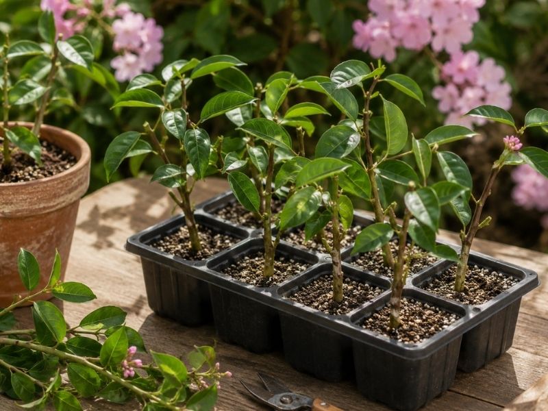 Estacas de cipó rosa plantadas em bandeja com substrato para formação de mudas