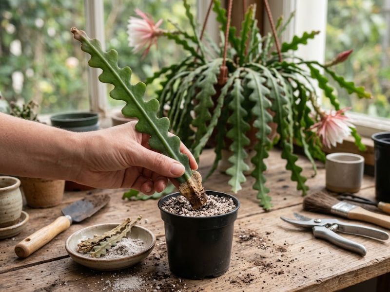Muda de cacto sianinha sendo plantada em substrato leve