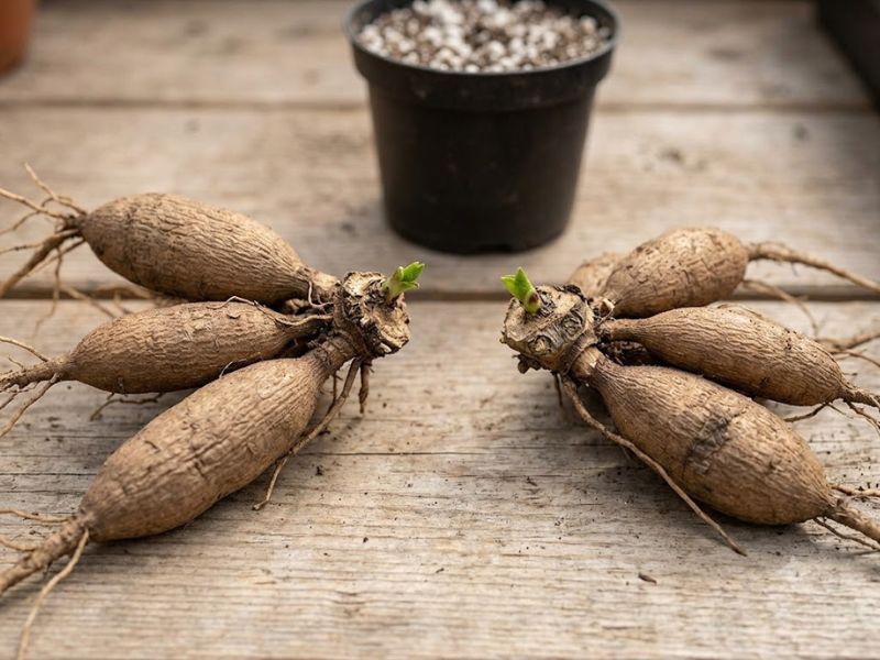 Divisões de tubérculos de dália com coroa e pequenos brotos verdes
