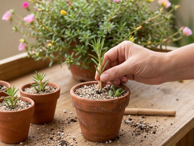 Mão plantando uma estaca de onze horas em vaso com substrato drenante