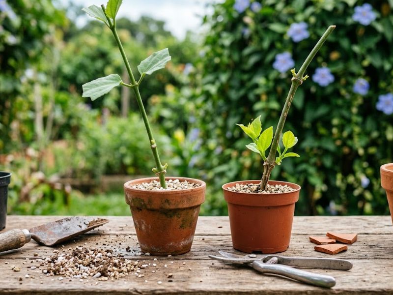 Estaca de tumbérgia azul plantada em recipiente com substrato leve