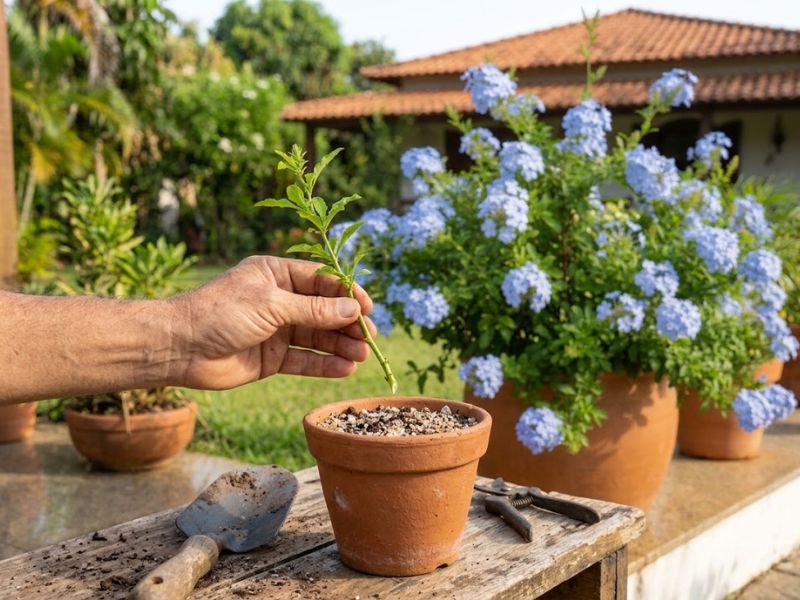 Flor bela emília sendo propagada por estaca em substrato leve